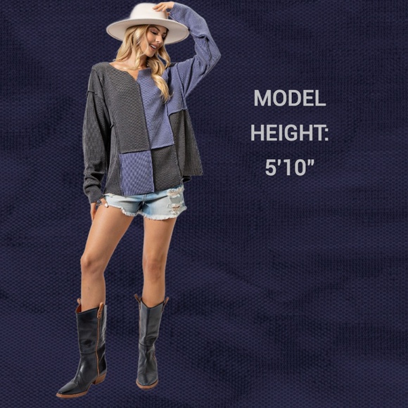 EASEL "Block Star" Rib Knit Color Block Out-Seam & Raw Details Tunic Length Top - Picture 9 of 12